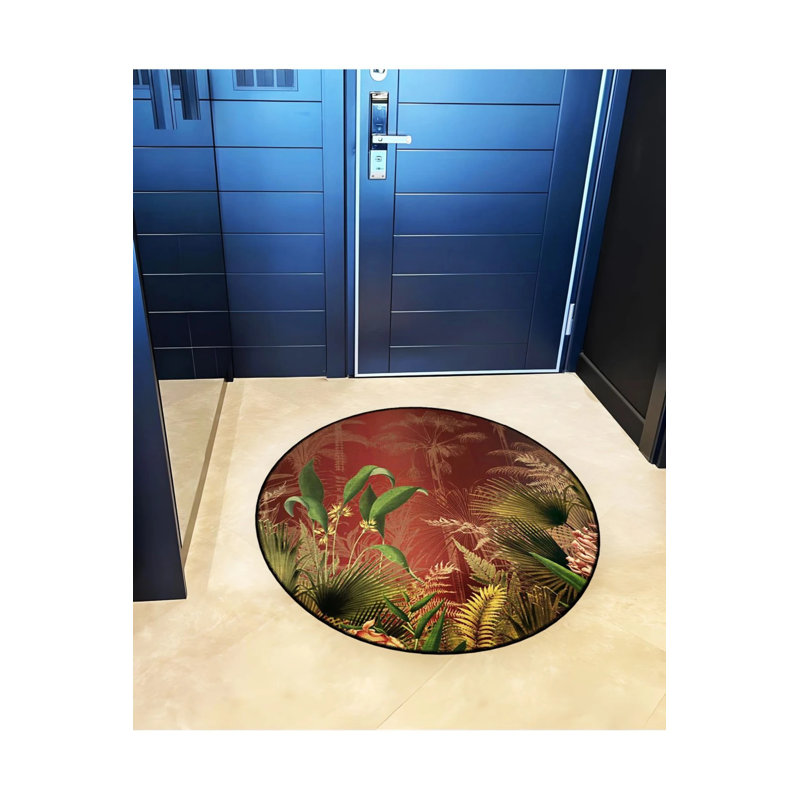 Burdy Theme Forest And Plant Patterned Round Woven Base Modern Decorative Carpet, Round 2'8"