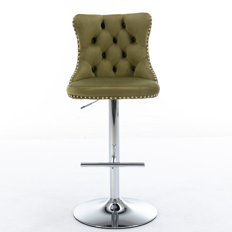 Swivel Velvet Barstools with Adjusatble Seat Height, Silver, Olive Green