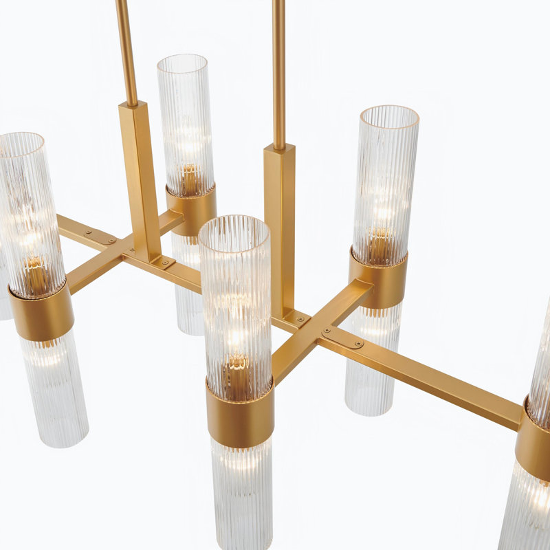Luminaire suspendu 12 lumières pour îlot de cuisine avec abat-jour en verre nervuré transparent