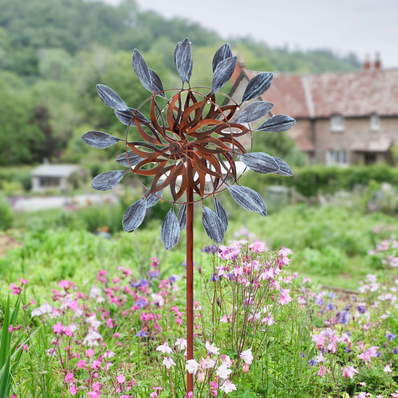 Tabron Whirling Petals 48" Blue and Brown Solid Iron Wind Spinner