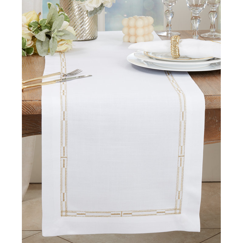 White and Gold Embroidered Border Polyester Table Runner