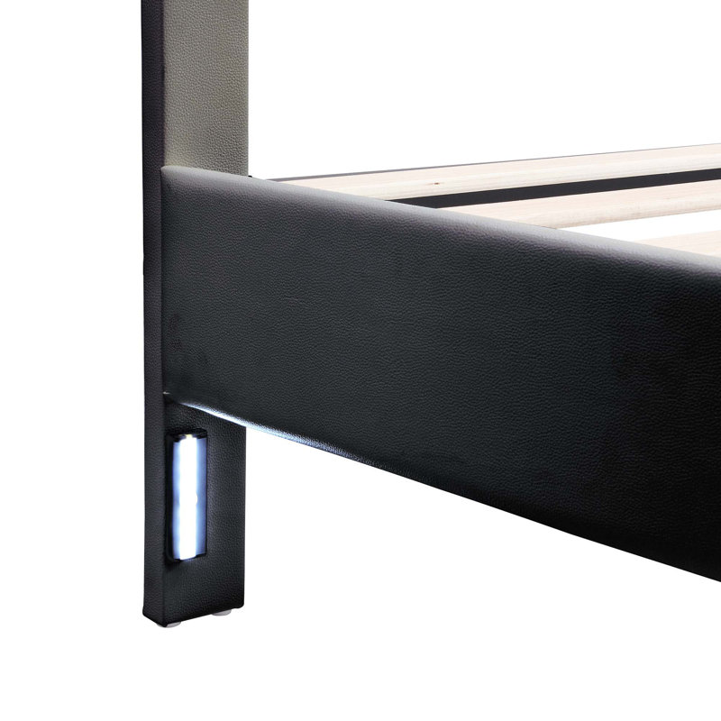 Ensemble de chambre à coucher 3 pièces, grand lit tapissier avec lumières DEL et deux veilleuses à mouvement, table de chevet en polyuréthane avec 2 tiroirs et poignée en cristal, noir