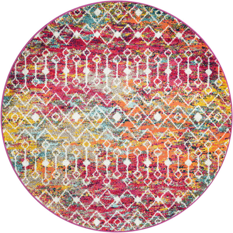 Tapis en chenille / polyester tissé à la machine à motif géométrique rose / jaune / blanc Briehn, Rond 5 pi 3 po