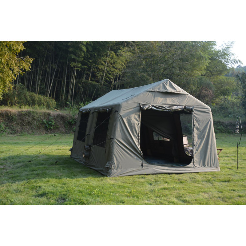 9.8X13ft inflatable camping tent with canopy & hand pump, easy setup waterproof & windproof air glamping tent., Army Green