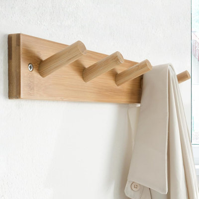 Wooden Wall-Mounted Coat Rack, 16-Inch Hole-To-Hole, 5 Bamboo Wall Hooks For Hanging Clothes, Bathrobes, Towels And Hats, Natural Gold