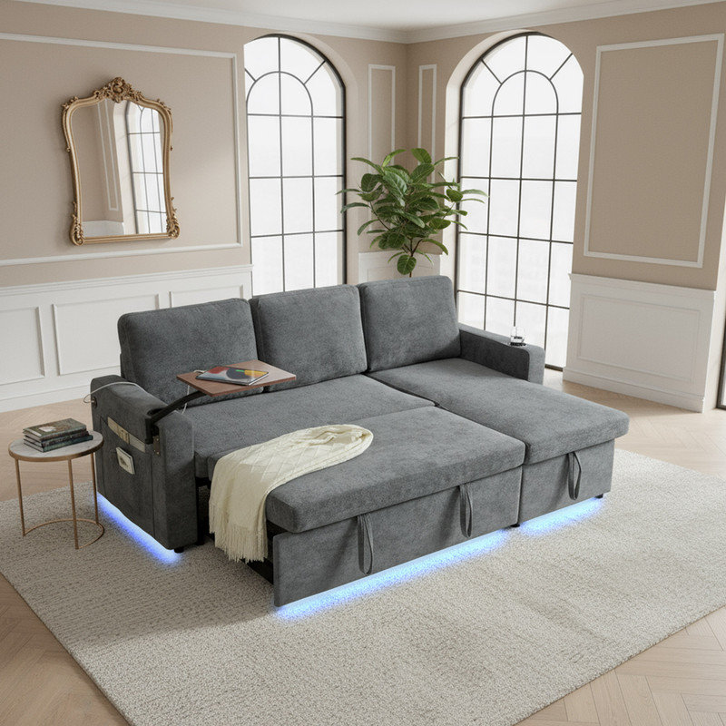 Canapé-lit moderne en L en chenille avec tiroir, éclairage DEL, ports USB et table-plateau, Gris chenille