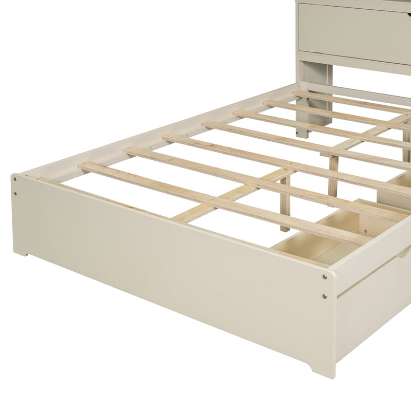 Lit plateforme double en bois avec USB, tête de lit et tiroirs de rangement, Crème