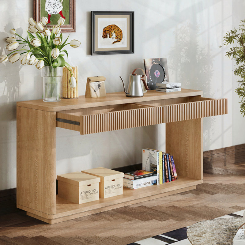 Console cannelée moderne 60 po à 2 tiroirs, Bois naturel