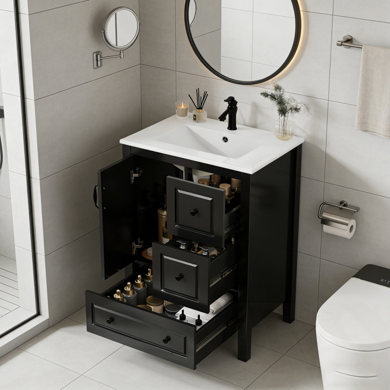 Meuble-lavabo de salle de bain avec lavabo, porte à fermeture en douceur et 3 tiroirs à fermeture en douceur, Noir