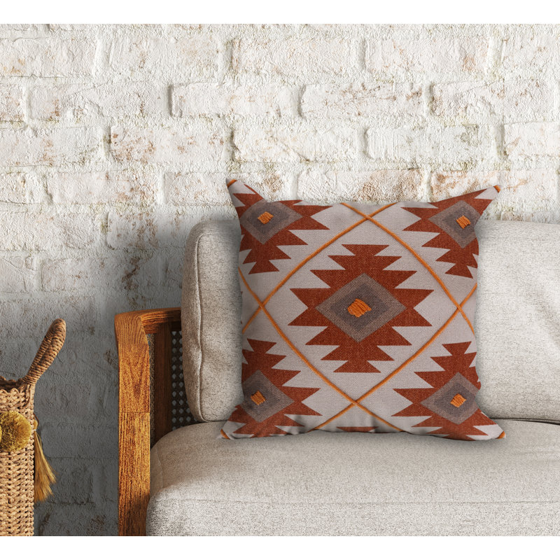Geometric 100% Cotton Throw Square Pillow Cover, Rust/Off-White, Polyester
