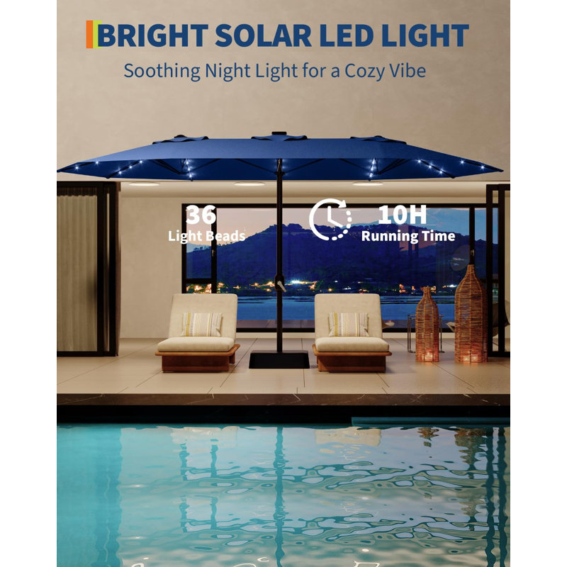 Grand parasol de terrasse extérieur à double face de 15 pi avec lumières solaires 36 lumières DEL et base croisée incluses pour la terrasse près de la piscine