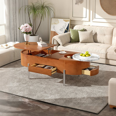 47.2" Modern Oval Lift Top Coffee Table With 360° Marble-Patterned Rotating Tray, Hidden Compartment & 3 Drawers
