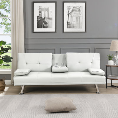 Canapé-lit futon multifonctionnel avec accoudoirs et 2 porte-gobelets - capacité de 600 lb, revêtement en cuir de PVC, structure en bois et pieds en acier inoxydable, convertible pour le salon / la chambre à coucher / le dortoir / le bureau