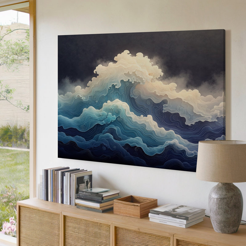 Abstrait vague de l'océan avec des motifs de nuages tourbillons bleus et blancs sur toile pour le salon, la chambre à coucher, le bureau, le couloir, le vestibule, le mur de la galerie et la décoration intérieure moderne