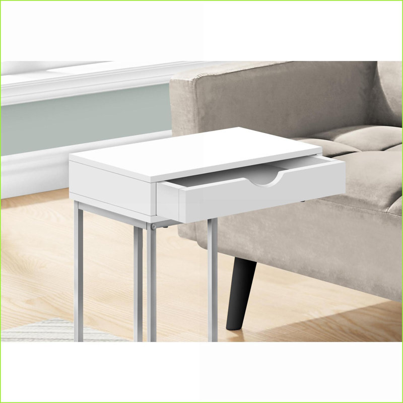 Table basse en forme de C peu encombrante, plateau en stratifié blanc Cadre gris en métal pour le salon / la chambre à coucher