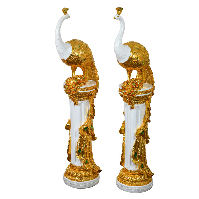 Paon émeraude doré Shamong sur piédestal, H 49,5 po x l 10,5 po x P 16,5 po