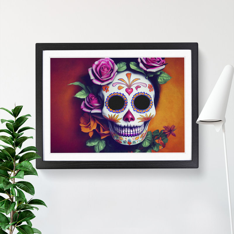 Refined Floral Sugar Skull - Single Picture Frame Print, Black Framed, 25cm H x 34cm W x 2cm D