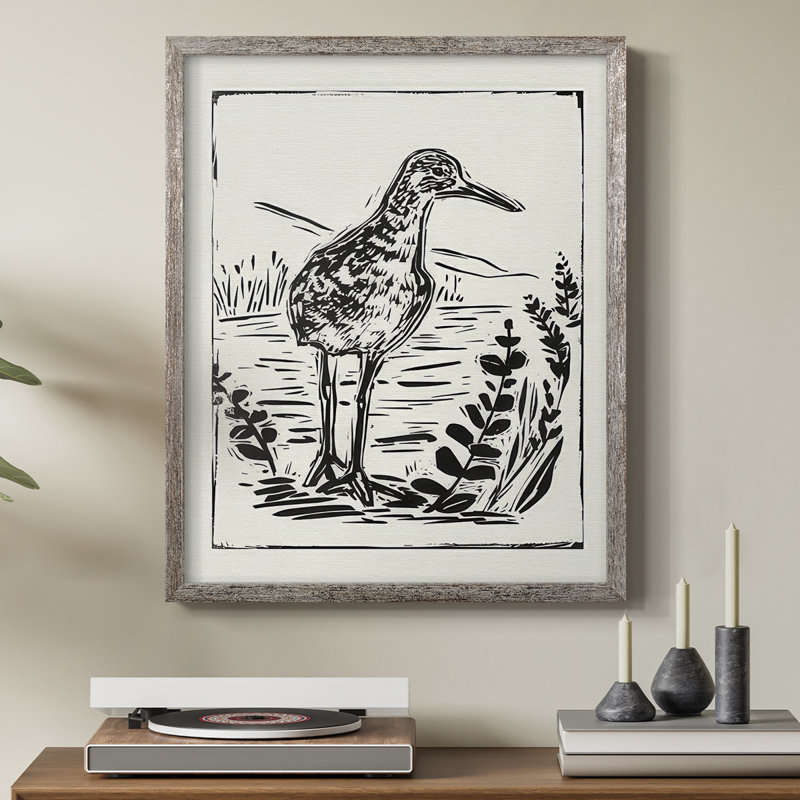 Linocut Style Seabird II, reproduction encadrée - bois massif, H 15 po x l 12 po