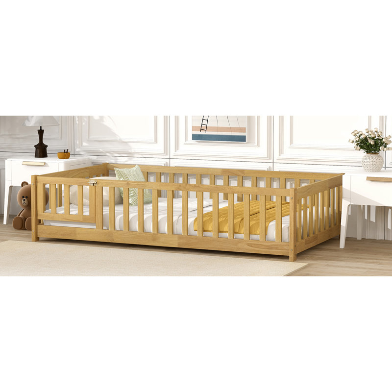 Twin Size Floor Bed With Fence And Door,Rubber Wood Floor Bed With Safety Guardrails,Natural