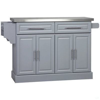 Rolling Kitchen Island With Storage, Portable Kitchen Cart With Stainless Steel Top, 2 Drawers, Spice, Knife And Towel Rack And Cabinets