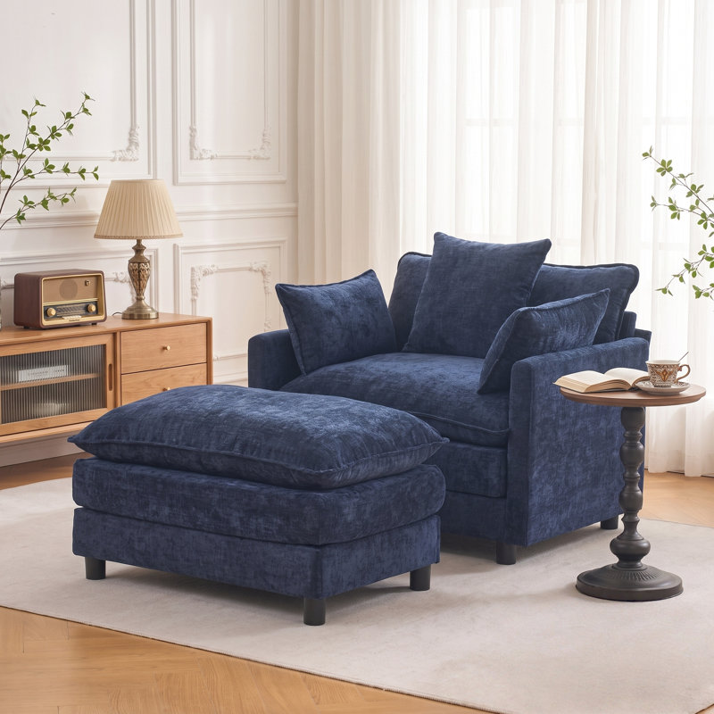 Fauteuil d'appoint rembourré de 100 cm de large avec repose-pieds, Bleu