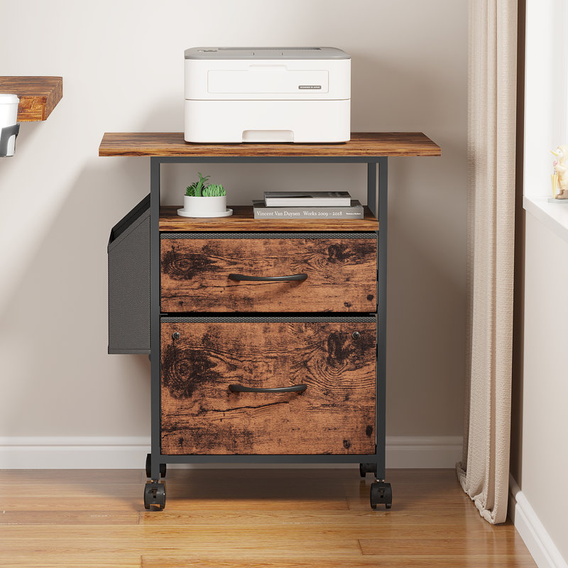 Classeur à 2 tiroirs, support d'imprimante à roulettes, table de chevet mobile avec plateau extensible, compatible avec les dossiers format lettre, idéal pour le bureau à domicile, la chambre et le salon, lot de 1 (brun rustique)