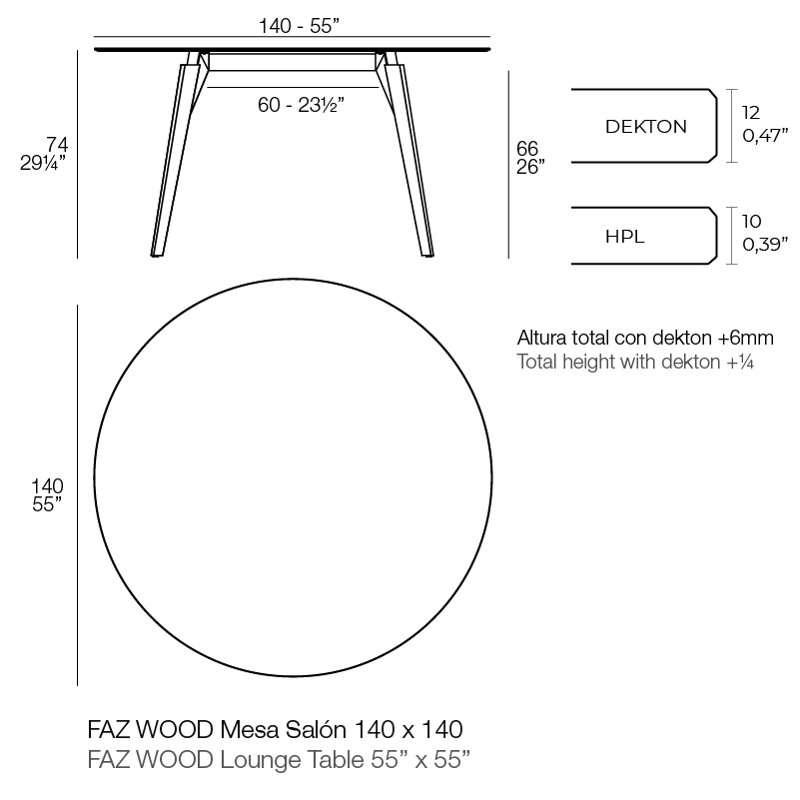 Faz Wood Lounge Table Edge Top, Black, Natural, 55" W x 55" L