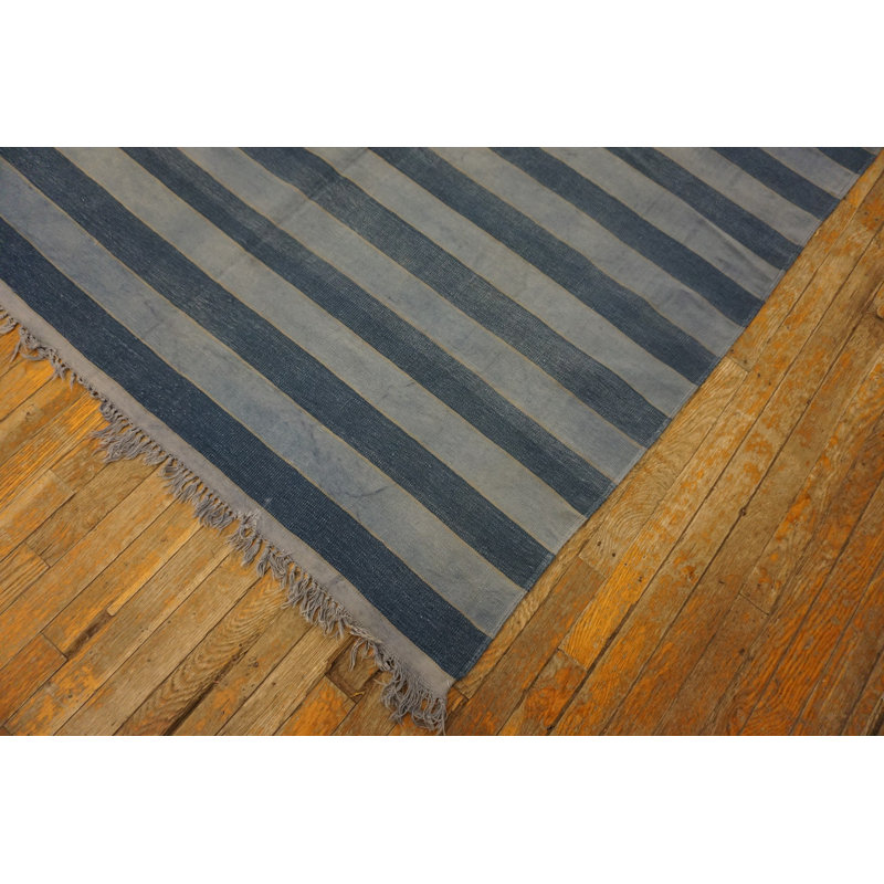 Tapis indien rayé antique en coton tissé à plat bleu Dhurrie