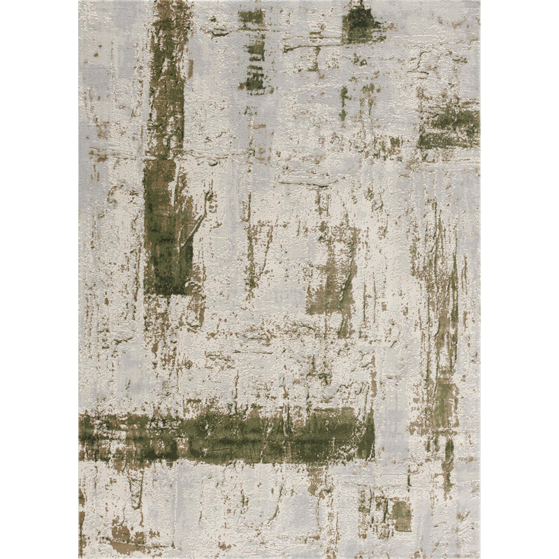 Tapis à motif abstrait vert / beige 9 pi x 13 pi (9 pi 2 po x 12 pi 6 po) Silvan Branch, Rectangle 9 pi 2 po x 12 pi 6 po