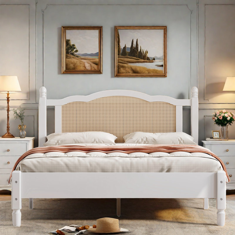 Queen White Pine Wood Platform Bed with Rattan Headboard