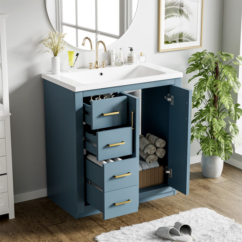 Meuble-lavabo sur pied l 30 po avec comptoir en céramique, tiroirs et portes à fermeture en douceur, Bleu clair, Doré