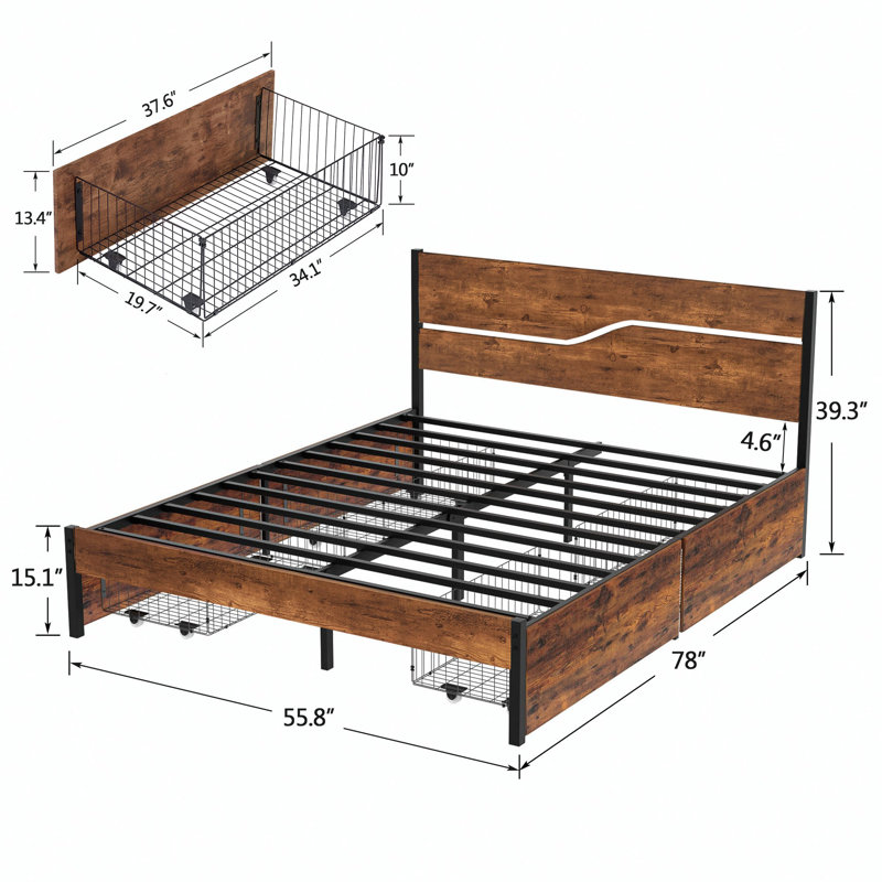 Structure de lit pleine grandeur Starnisha avec 4 tiroirs de rangement, lit plateforme en bois brun rustique et en métal avec tiroirs sous le lit, cadre de lit double de rangement de style campagnard industriel, aucun sommier tapissier requis
