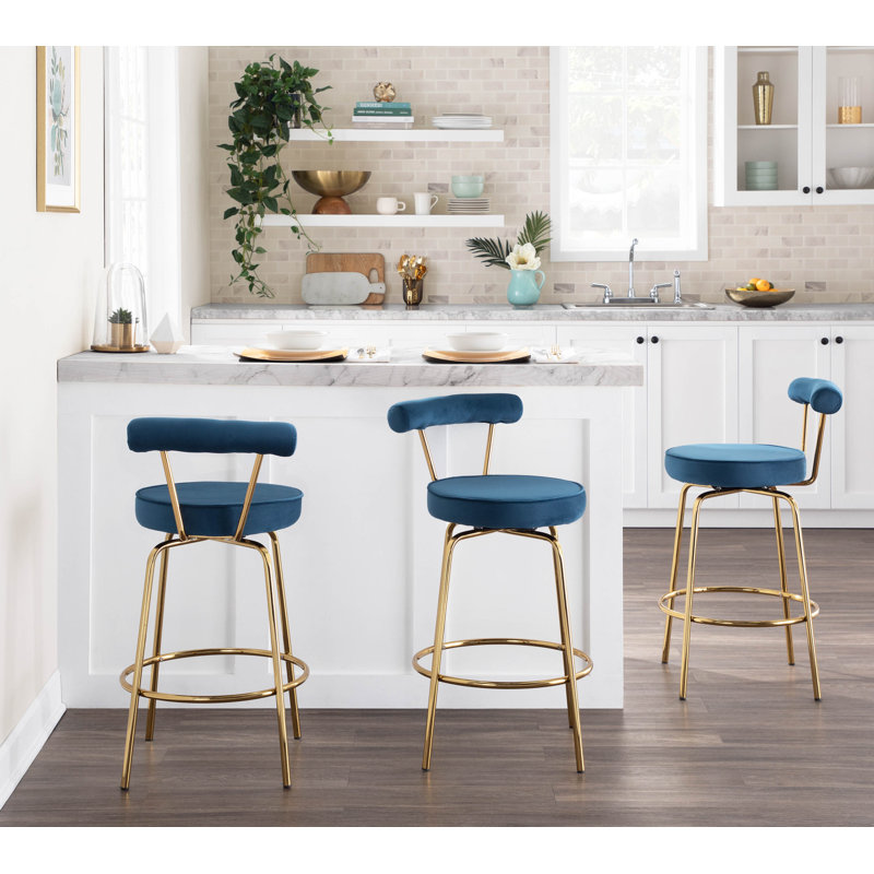 Kayson 25.5" Gold Swivel Upholstered Counter Stools, Blue Velvet