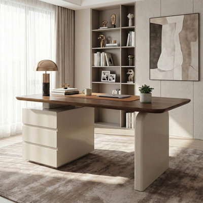 Dunte 63" Modern Walnut Desk with Solid Wood Top and 3 Storage Drawers