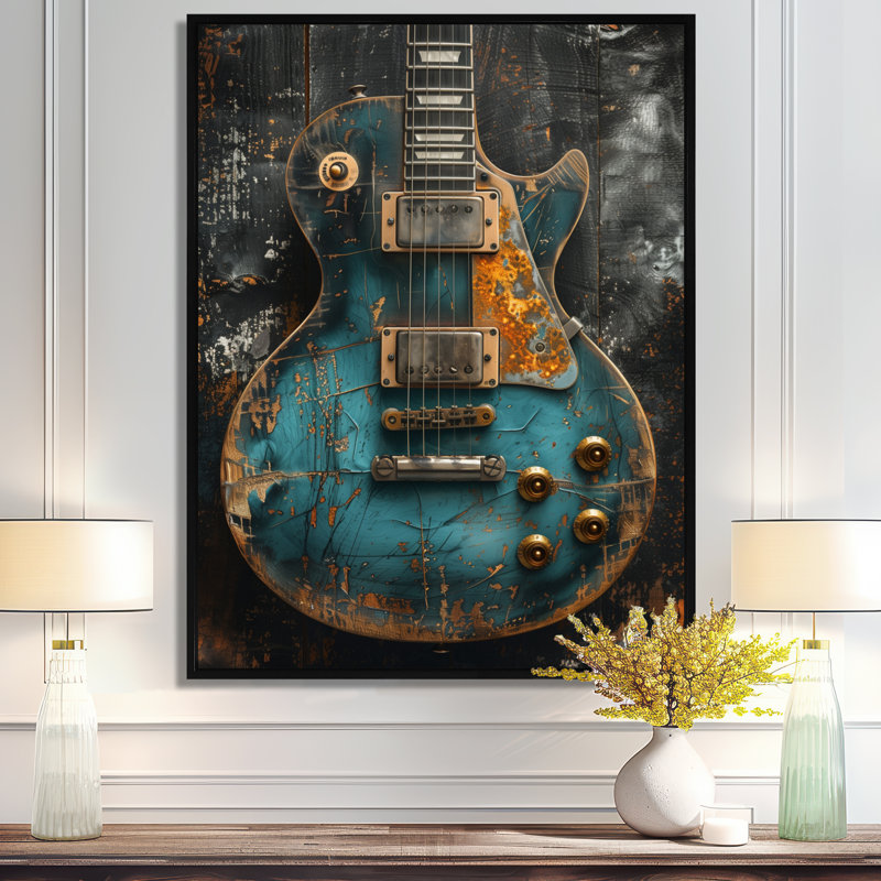  «Green Guitar Goddess Portrait - Music Jazz, reproduction d'art murale, Cadre flottant noir, bois massif