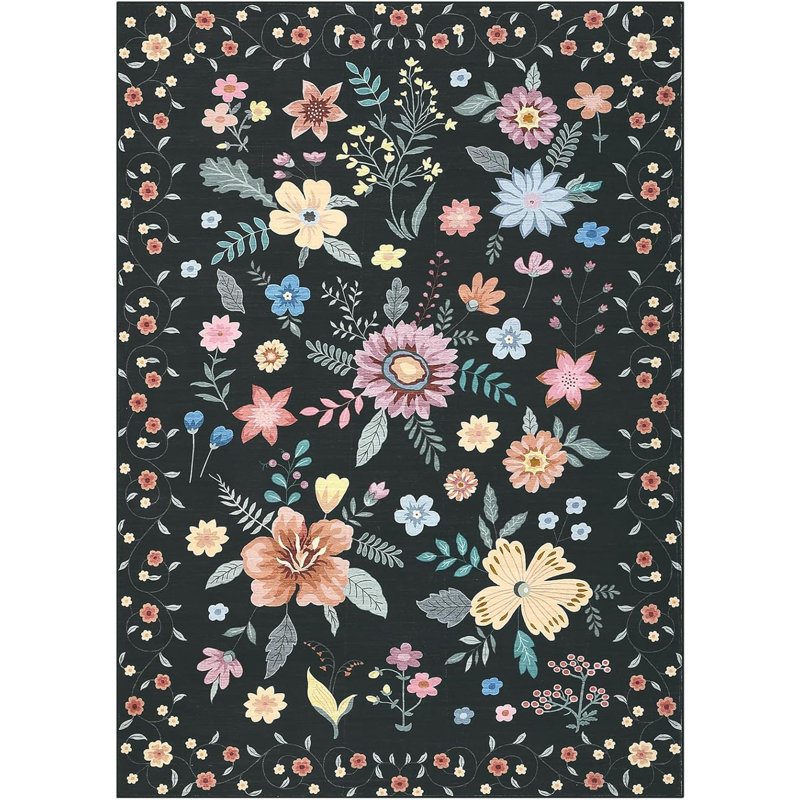 Non-Slip Runner Rug, 2x6 Floral Low Pile Kitchen and Hallway Carpet, Ultra-Thin Indoor Floor Mat for Bedroom, Black