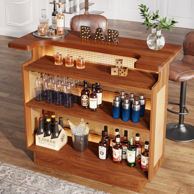 Farmhouse 4-Tier Home Bar Unit, Liquor Bar Table Cabinet, Rattan Brown