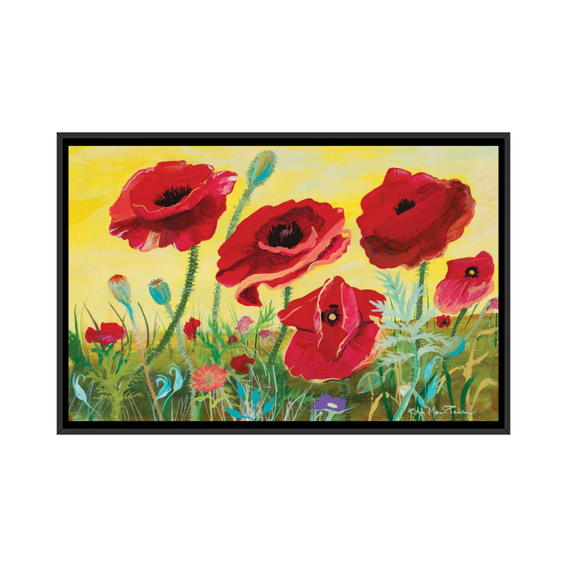 Victory Red Poppies II by Robin Maria - Painting on Canvas, 66.04 cm H x 45.72 cm W, Black Floater Frame