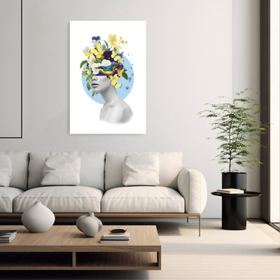 Surreal Floral Head Colorful Serene Surreal Butterfly Bird Flower Nature Wall Art Print 1 Piece Wrapped Canvas Wall Art