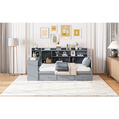 Lit de jour simple gris avec pin, 3 tiroirs et bureau avec rangement et espace de travail - Fabrication en pin pour plus d'efficacité
