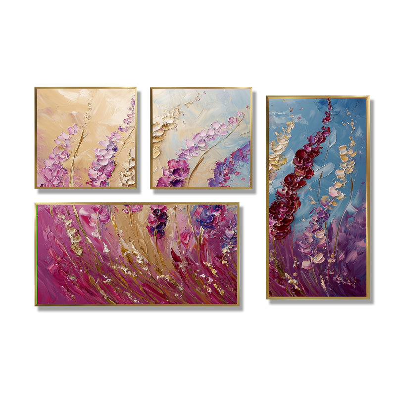 Fleurs violettes, beauté sauvage dépliée I - Art mural floral 4 pièces, Impression encadrée sans passe-partout, Doré