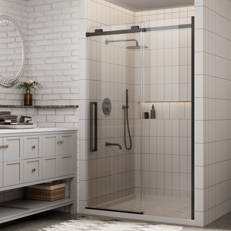 44"-48" W x 76" H Reversible Frameless Single Sliding Shower Door With 3/8"Clear Tempered Glass, Matte Black