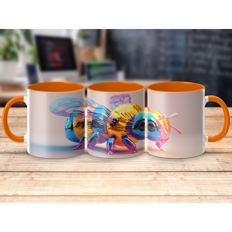 Set of 3 3D Design 11oz Accent Mugs – Ceramic Coffee Cups with a Light Green Handle and Interior