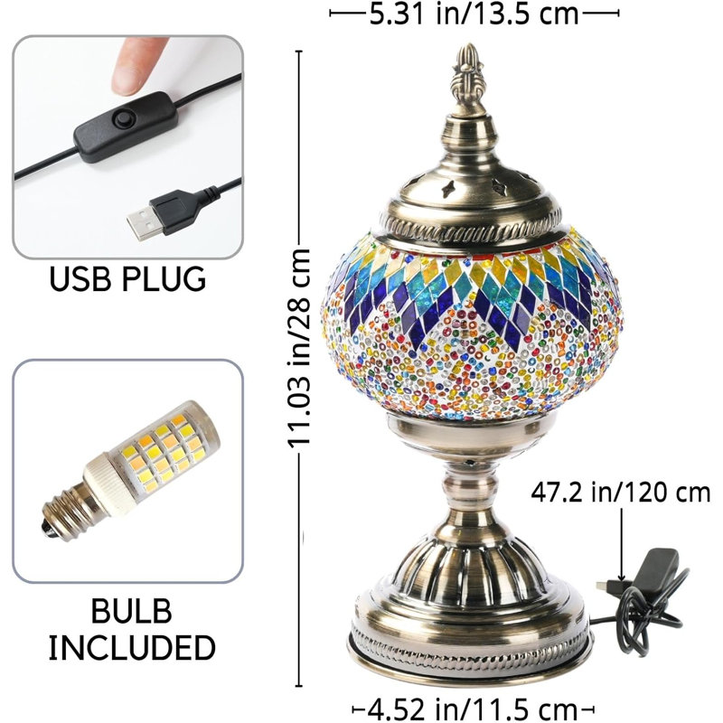 Turkish Moroccan Mosaic Table Lamp, Handmade Glass Bedside Night Light, Metal Base, Decorative Lantern for Bedroom, Living Room - Bulb Included