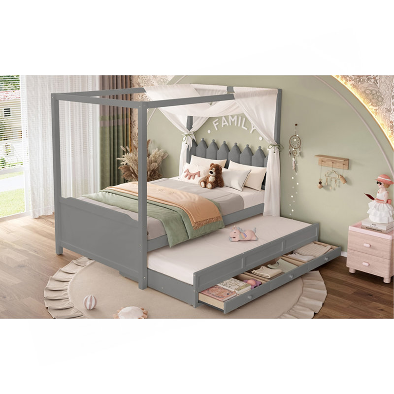 Lit plateforme double avec tête de lit tapissier, lit gigogne simple et 3 tiroirs, cadre de lit à baldaquin princesse pour enfants, rangement et assemblage facile