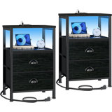 Nightstands Set of 2, End Tables with Charging Station and LED Lights