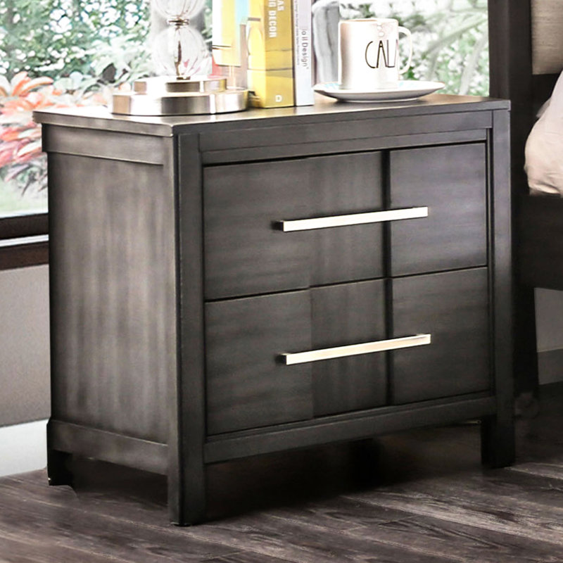 Table de chevet transitionnelle grise en bois massif, avec tiroirs en barre de nickel et tiroirs doublés de feutre, construction anglaise, 2 tables de chevet avec placage de 24 po de largeur et 24 po de hauteur, profondeur, hauteur,