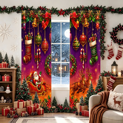 2 Pcs Noël Père Noël Renne Traîneau Rideaux occultant, rideaux de fenêtre de vacances isolées thermiques pour chambre à coucher salon décoration de la maison