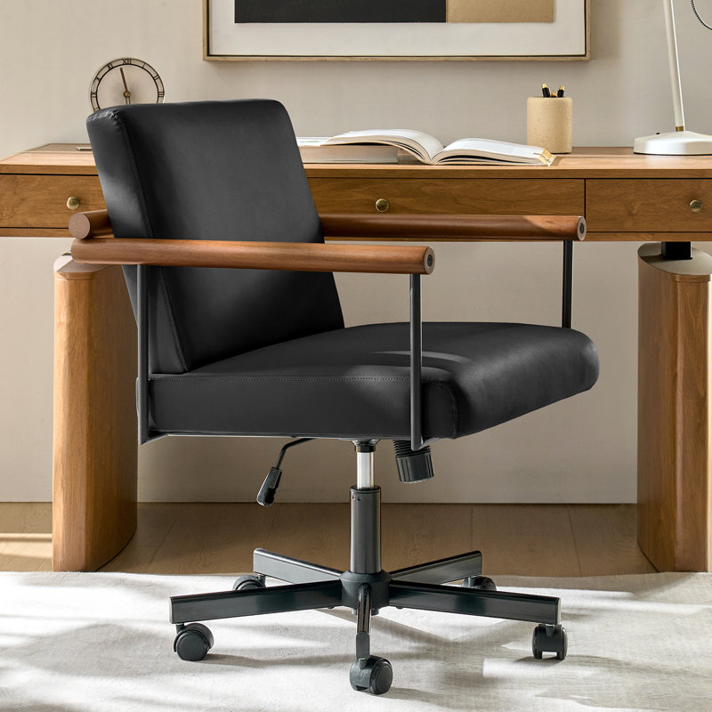 Avelina Rafael Modern Industrial PU Leather Upholstered Swivel Tilt Task Office Chair with Solid Wood Armrest, Black