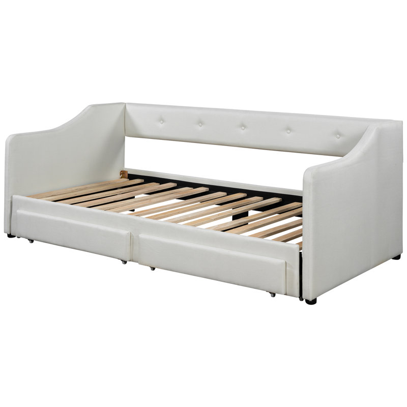 Twin Xl To King Size Beige Upholstered Daybed With Two Storage Drawers, Soft And , Wood Slats Support Expandable Optimal Back Arm Support, No Spring Box Needed